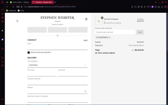 Stephen Webster checkout page showing Stephen Webster promo code box | Screenshot taken by SimplyCodes community member on Aug 16, 2025