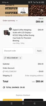 WELCOME381 coupon verification screenshot