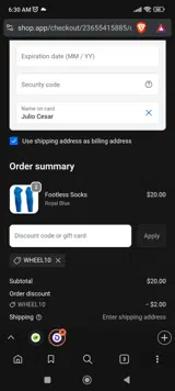 WHEEL10 coupon verification screenshot