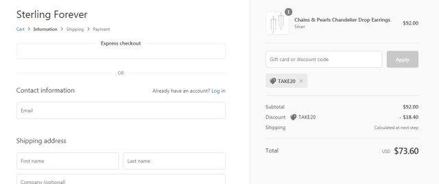 Sterling Forever checkout page showing Sterling Forever coupon code box | Screenshot taken by SimplyCodes community member on Feb 8, 2021