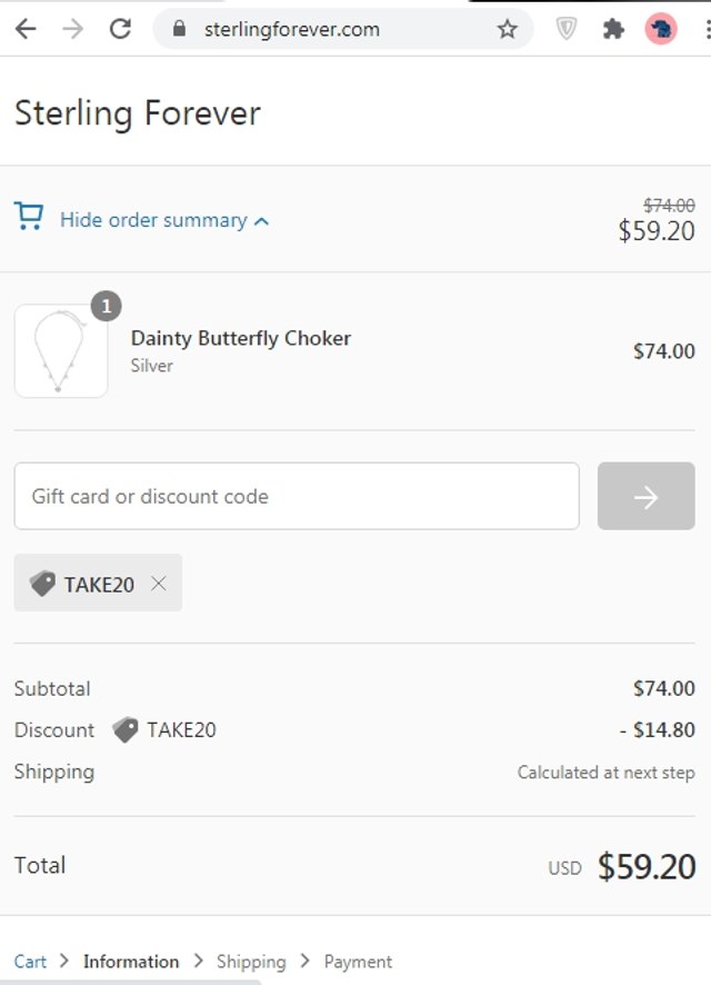 Sterling Forever checkout page showing Sterling Forever coupon code box | Screenshot taken by SimplyCodes community member on Feb 8, 2021