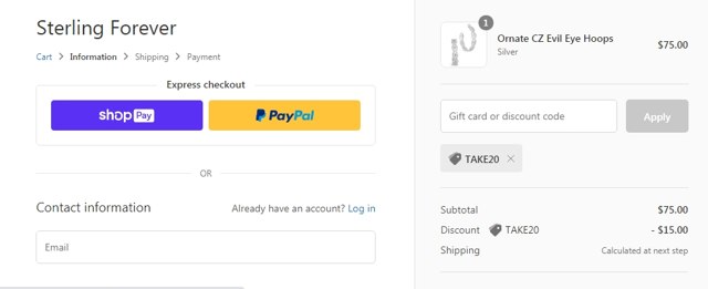 Sterling Forever checkout page showing Sterling Forever coupon code box | Screenshot taken by SimplyCodes community member on Feb 7, 2021