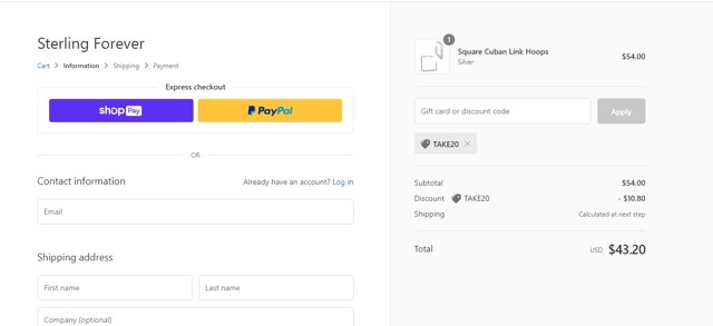 Sterling Forever checkout page showing Sterling Forever coupon code box | Screenshot taken by SimplyCodes community member on Feb 8, 2021