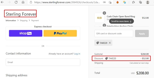 Sterling Forever checkout page showing Sterling Forever coupon code box | Screenshot taken by SimplyCodes community member on Feb 8, 2021