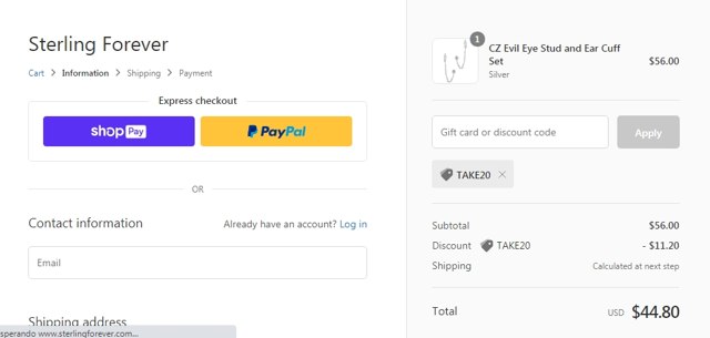 Sterling Forever checkout page showing Sterling Forever coupon code box | Screenshot taken by SimplyCodes community member on Feb 8, 2021