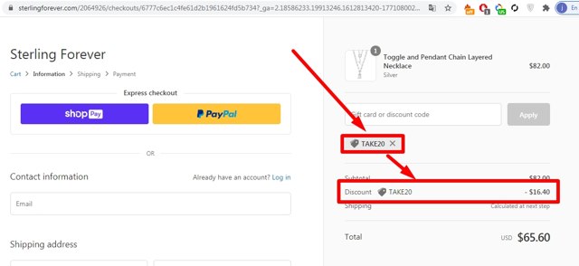 Sterling Forever checkout page showing Sterling Forever coupon code box | Screenshot taken by SimplyCodes community member on Feb 8, 2021
