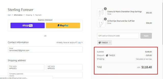Sterling Forever checkout page showing Sterling Forever coupon code box | Screenshot taken by SimplyCodes community member on Feb 8, 2021