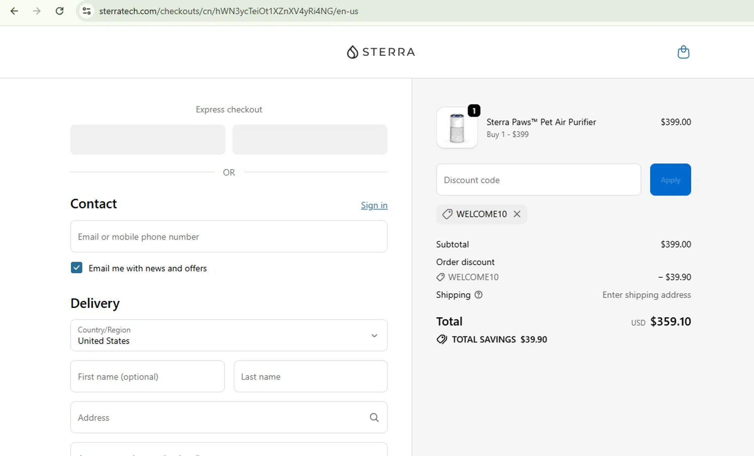 Sterra discount code screenshot showing code WELCOME10 applied at Sterra checkout page. Uploaded by SimplyCodes community member TokenChaser7698 on Oct 11, 2025