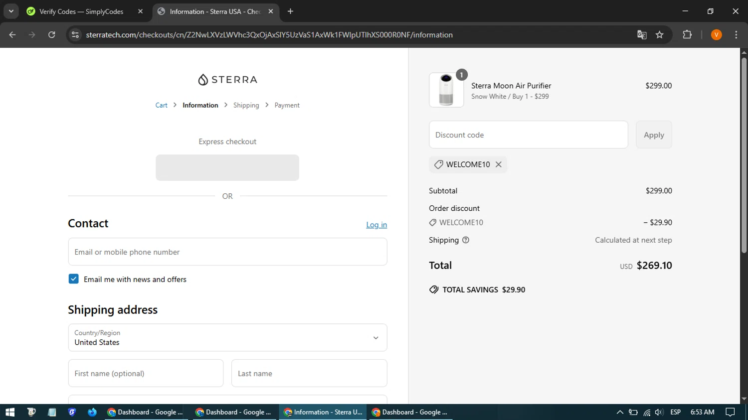 Sterra discount code screenshot showing code WELCOME10 applied at Sterra checkout page. Uploaded by SimplyCodes community member CleverSpotter4192 on May 15, 2025