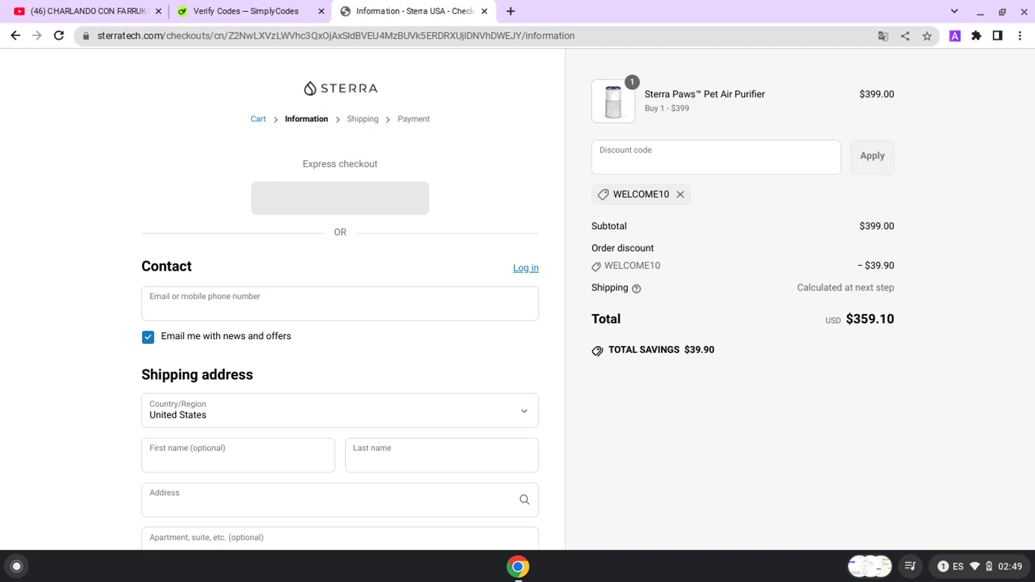 Sterra discount code screenshot showing code WELCOME10 applied at Sterra checkout page. Uploaded by SimplyCodes community member lapampita on May 28, 2025