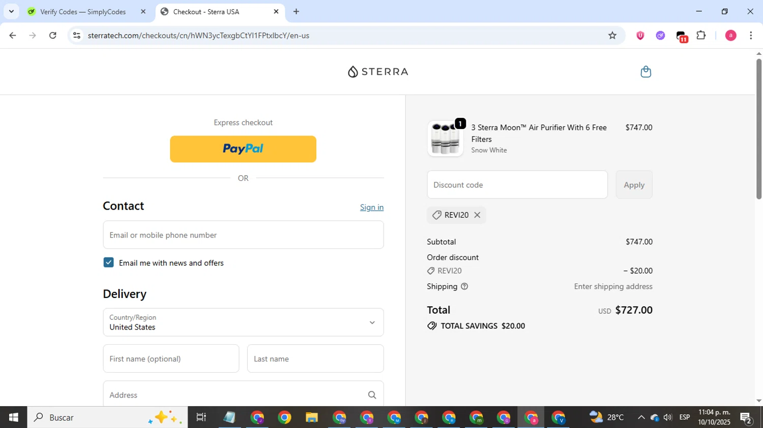 Sterra discount code screenshot showing code REVI20 applied at Sterra checkout page. Uploaded by SimplyCodes community member Woodstock on Oct 11, 2025