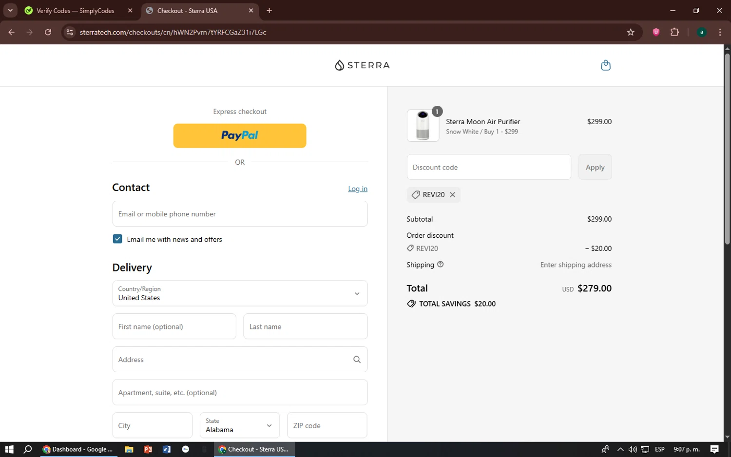 Sterra discount code screenshot showing code REVI20 applied at Sterra checkout page. Uploaded by SimplyCodes community member zizu55 on Aug 31, 2025