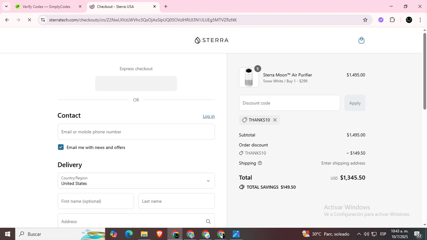 Sterra discount code screenshot showing code THANKS10 applied at Sterra checkout page. Uploaded by SimplyCodes community member BargainWizard5755 on Jul 10, 2025