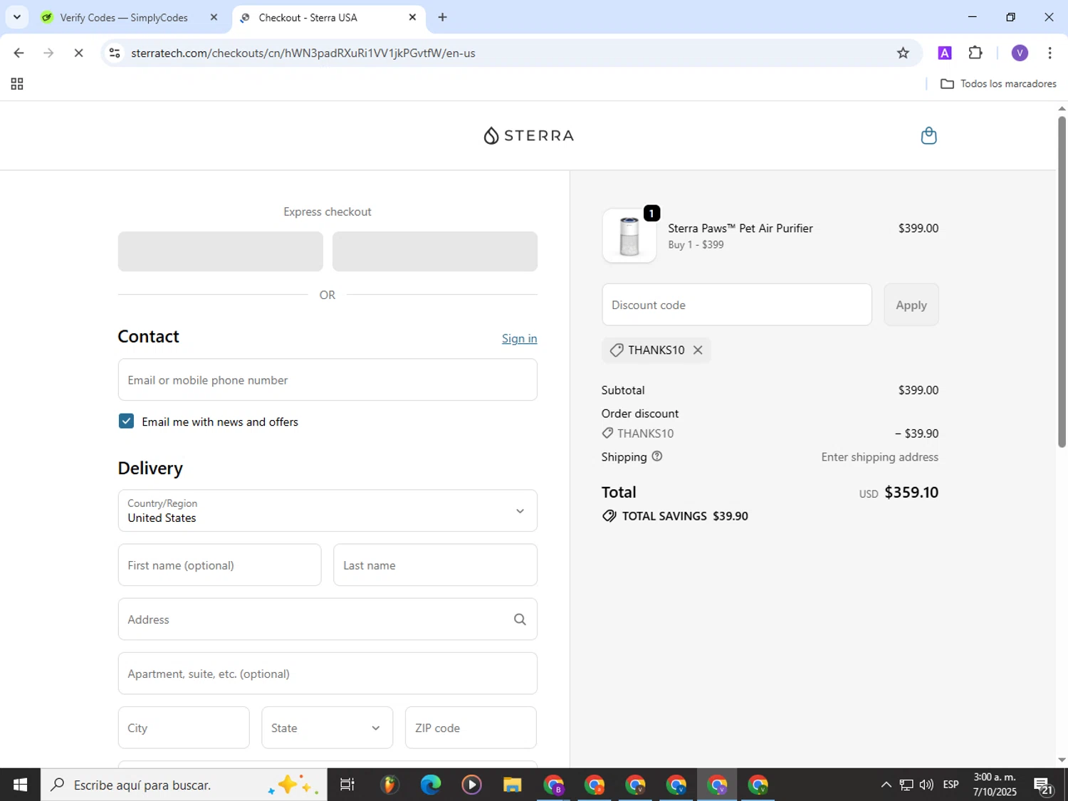 Sterra discount code screenshot showing code THANKS10 applied at Sterra checkout page. Uploaded by SimplyCodes community member Satoru_gojo on Oct 7, 2025