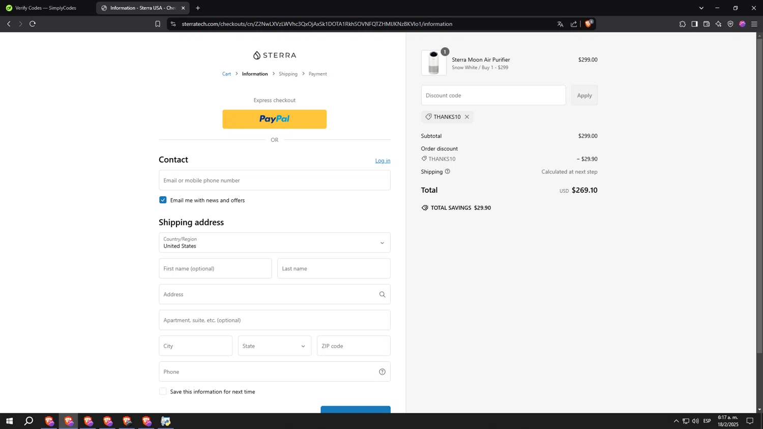 Sterra discount code screenshot showing code THANKS10 applied at Sterra checkout page. Uploaded by SimplyCodes community member aaaaaaaaaaaaaaaa on Feb 18, 2025
