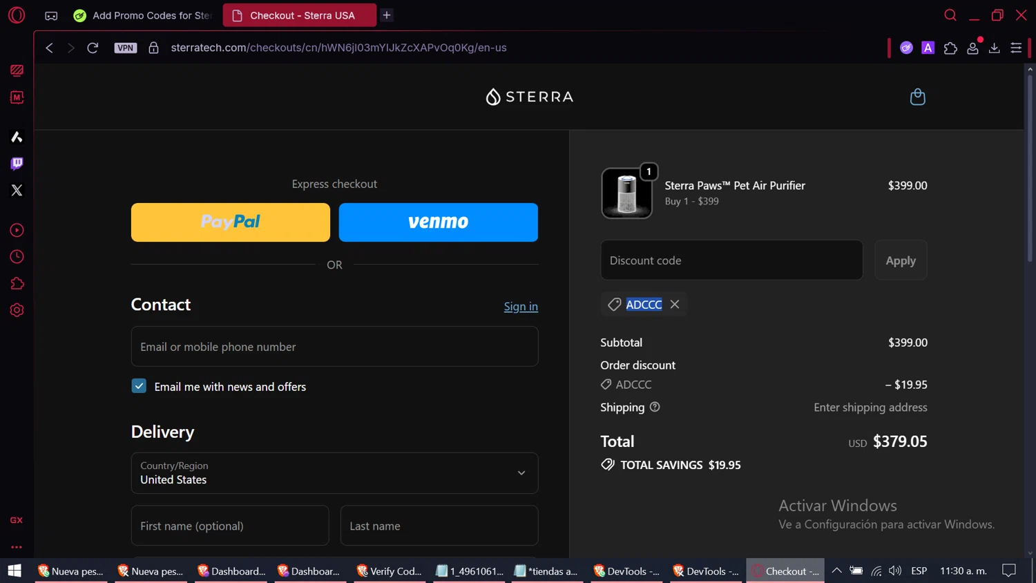 Sterra discount code screenshot showing code ADCCC applied at Sterra checkout page. Uploaded by SimplyCodes community member CashElite5536 on Dec 22, 2025
