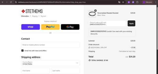 Stethems checkout page showing Stethems promo code box | Screenshot taken by SimplyCodes community member on Aug 29, 2025