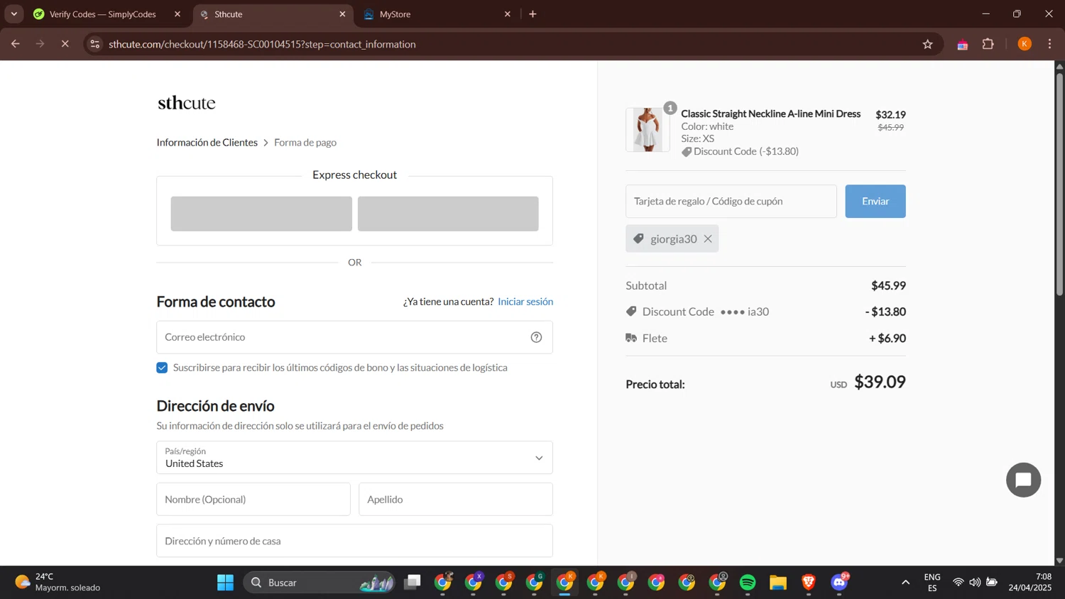Sthcute coupon code screenshot showing code giorgia30 applied at Sthcute checkout page. Uploaded by SimplyCodes community member BonusCurator3058 on Apr 24, 2025