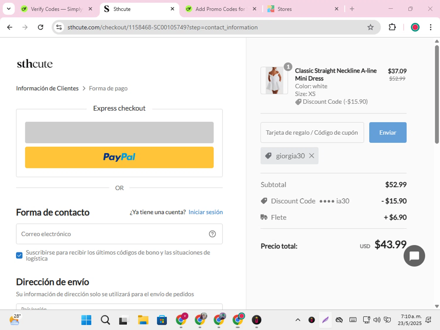 Sthcute coupon code screenshot showing code giorgia30 applied at Sthcute checkout page. Uploaded by SimplyCodes community member karolg on May 23, 2025