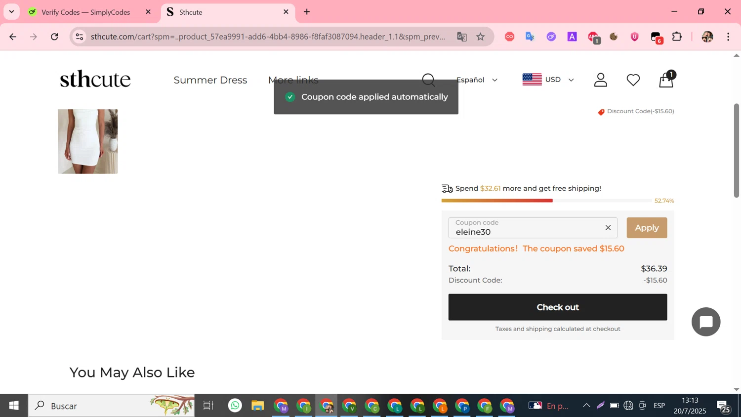 Sthcute coupon code screenshot showing code eleine30 applied at Sthcute checkout page. Uploaded by SimplyCodes community member Susejprimera on Jul 20, 2025