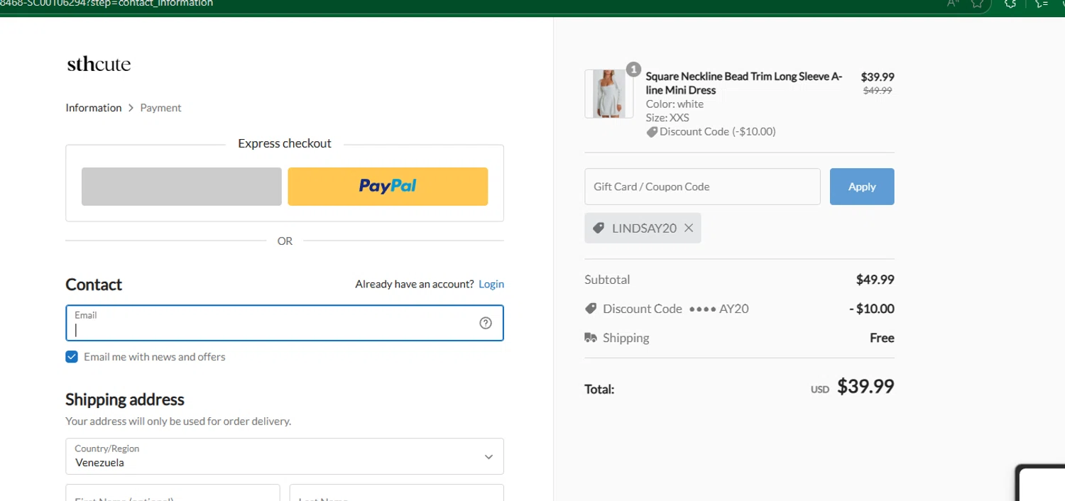 Sthcute coupon code screenshot showing code LINDSAY20 applied at Sthcute checkout page. Uploaded by SimplyCodes community member chepipro on Jul 20, 2025