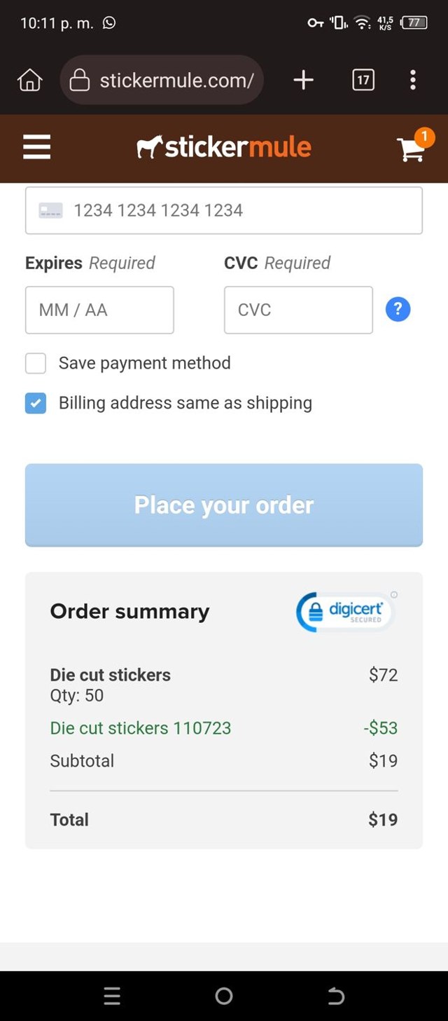 Sticker Mule checkout page showing Sticker Mule promo code box | Screenshot taken by SimplyCodes community member on Nov 10, 2023