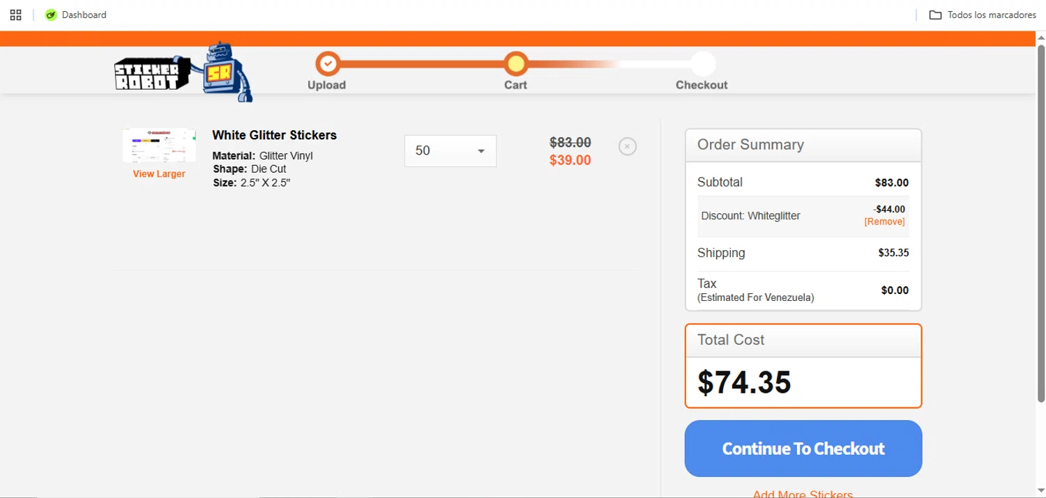 Sticker Robot promo code screenshot showing code whiteglitter applied at Sticker Robot checkout page. Uploaded by SimplyCodes community member Speedy on May 28, 2026