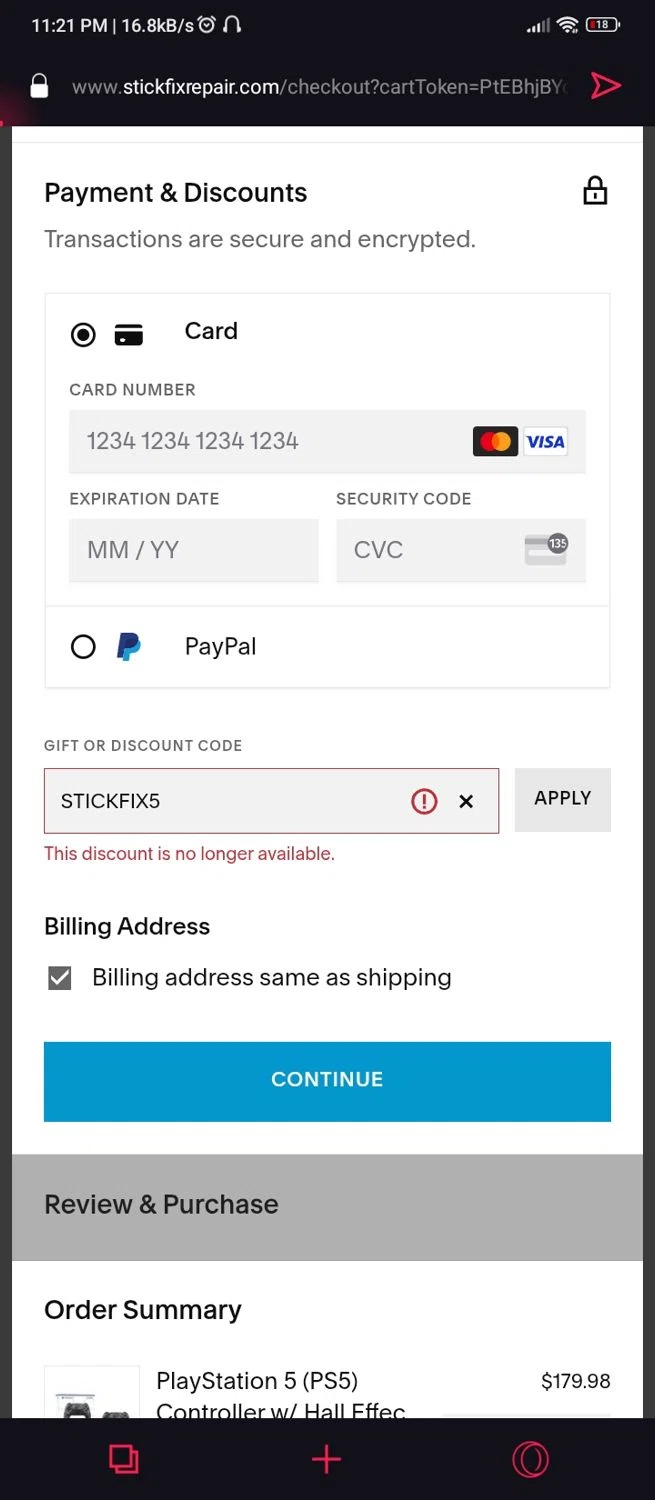 StickFix Repair discount code screenshot showing code STICKFIX5 applied at StickFix Repair checkout page. Uploaded by SimplyCodes community member Cynoxx on Apr 16, 2025