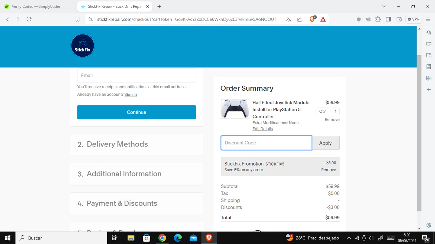 StickFix Repair checkout page showing StickFix Repair discount code box | Screenshot taken by SimplyCodes community member on Jun 6, 2024