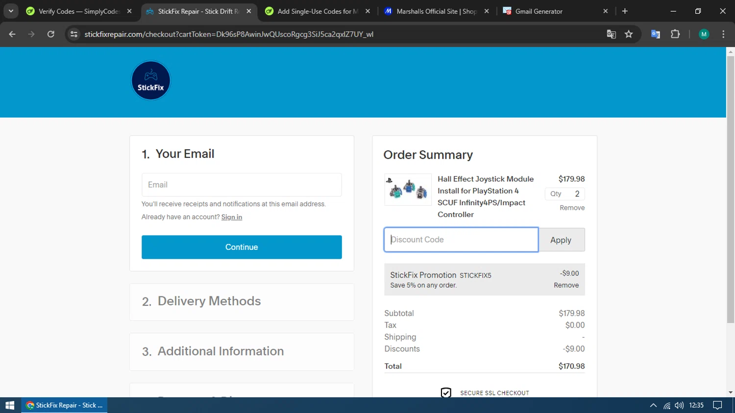 StickFix Repair checkout page showing StickFix Repair discount code box | Screenshot taken by SimplyCodes community member on May 8, 2024
