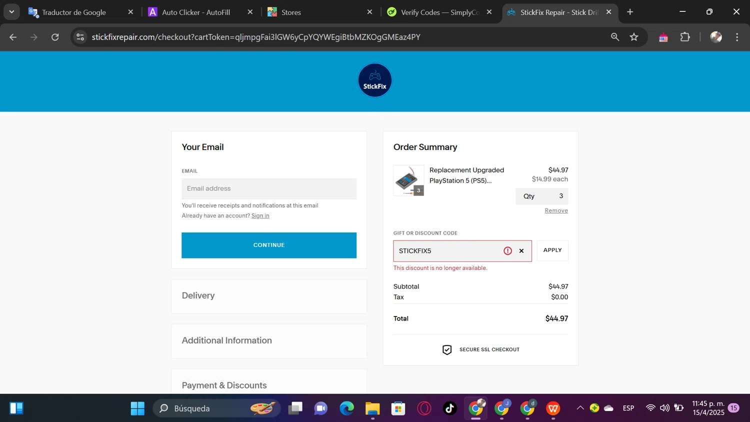 StickFix Repair discount code screenshot showing code STICKFIX5 applied at StickFix Repair checkout page. Uploaded by SimplyCodes community member MrShelbby on Apr 16, 2025