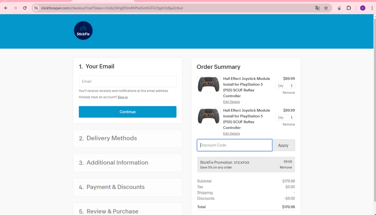 StickFix Repair checkout page showing StickFix Repair discount code box | Screenshot taken by SimplyCodes community member on Jul 5, 2024