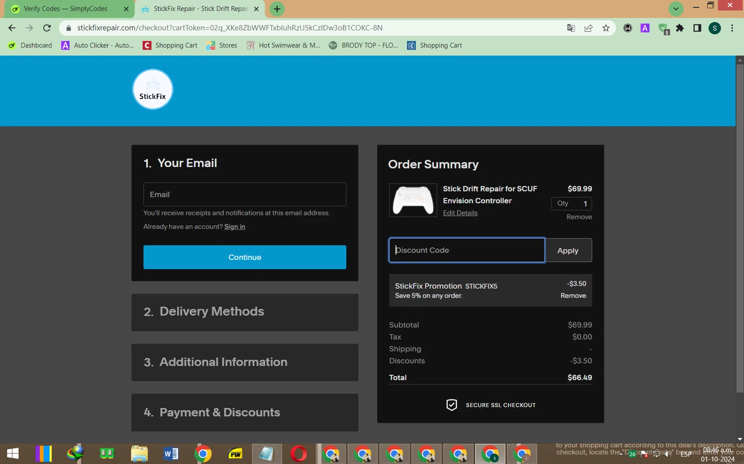 StickFix Repair checkout page showing StickFix Repair discount code box | Screenshot taken by SimplyCodes community member on Oct 1, 2024