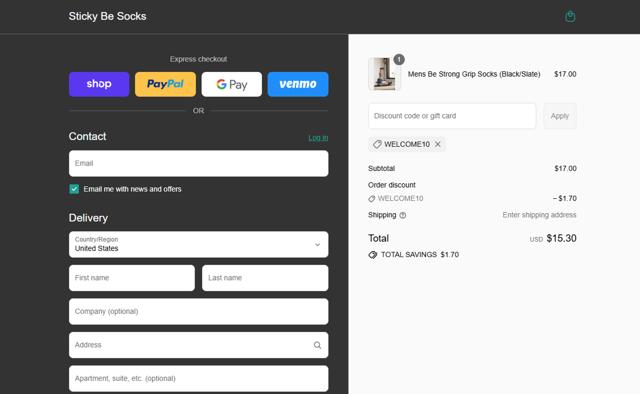 Sticky Be Socks checkout page showing Sticky Be Socks promo code box | Screenshot taken by SimplyCodes community member on Sep 8, 2025