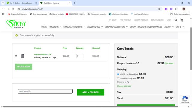 Sticky Holsters checkout page showing Sticky Holsters promo code box | Screenshot taken by SimplyCodes community member on Sep 10, 2025