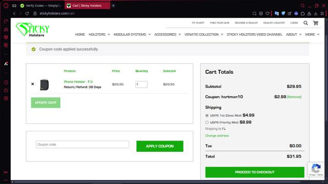 Sticky Holsters checkout page showing Sticky Holsters promo code box | Screenshot taken by SimplyCodes community member on Aug 12, 2025
