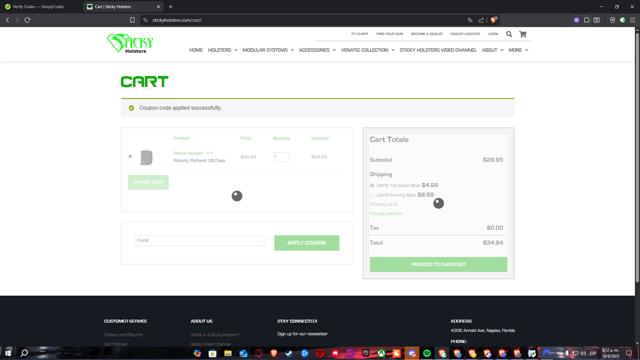 Sticky Holsters checkout page showing Sticky Holsters promo code box | Screenshot taken by SimplyCodes community member on Sep 10, 2025