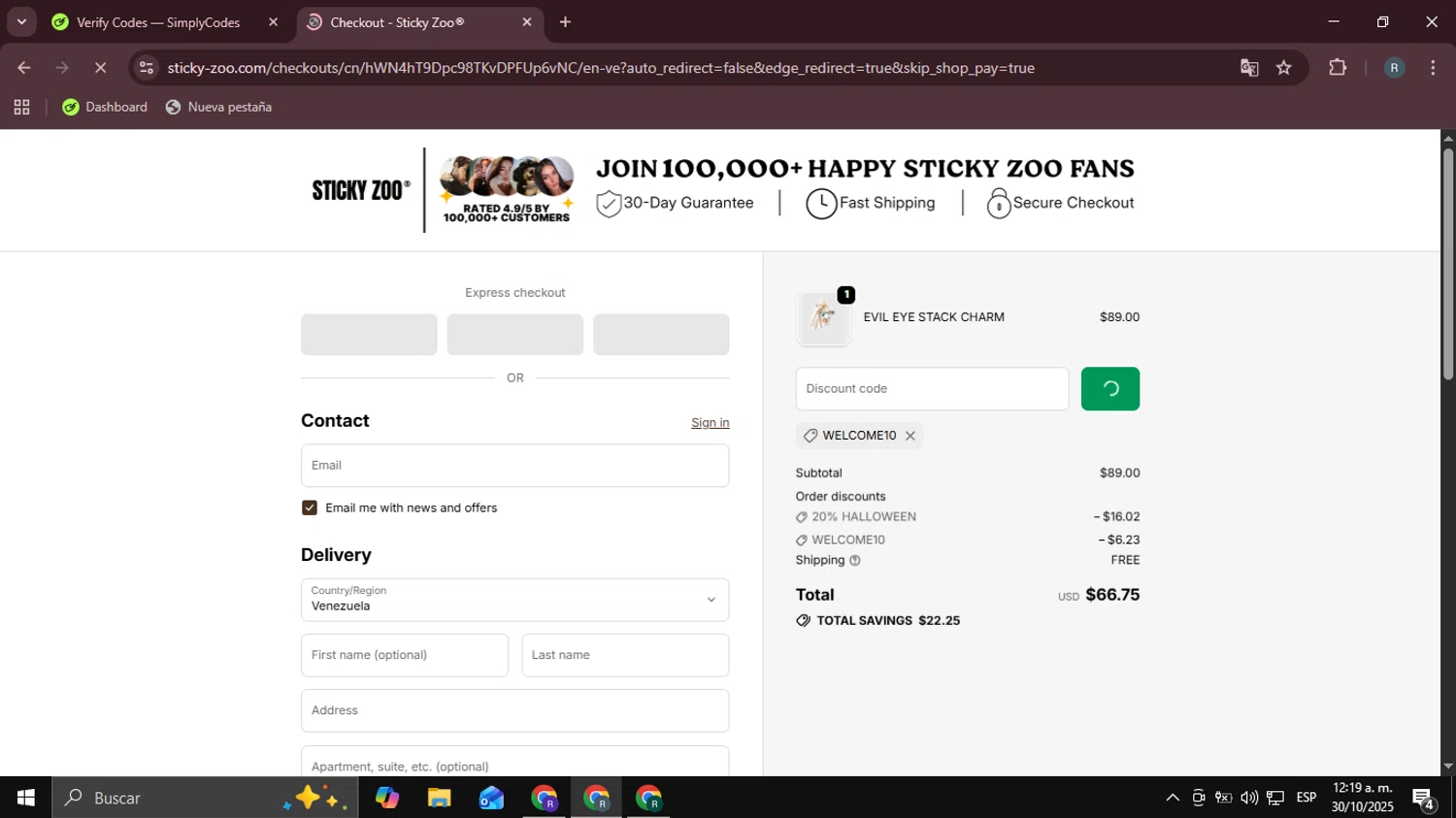 Sticky Zoo promo code screenshot showing code WELCOME10 applied at Sticky Zoo checkout page. Uploaded by SimplyCodes community member DealHawk3765 on Oct 30, 2025