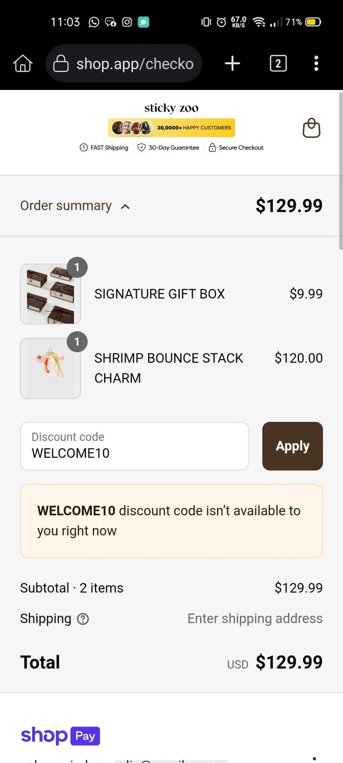 Sticky Zoo promo code screenshot showing code WELCOME10 applied at Sticky Zoo checkout page. Uploaded by SimplyCodes community member Wonderwoman82 on May 23, 2025