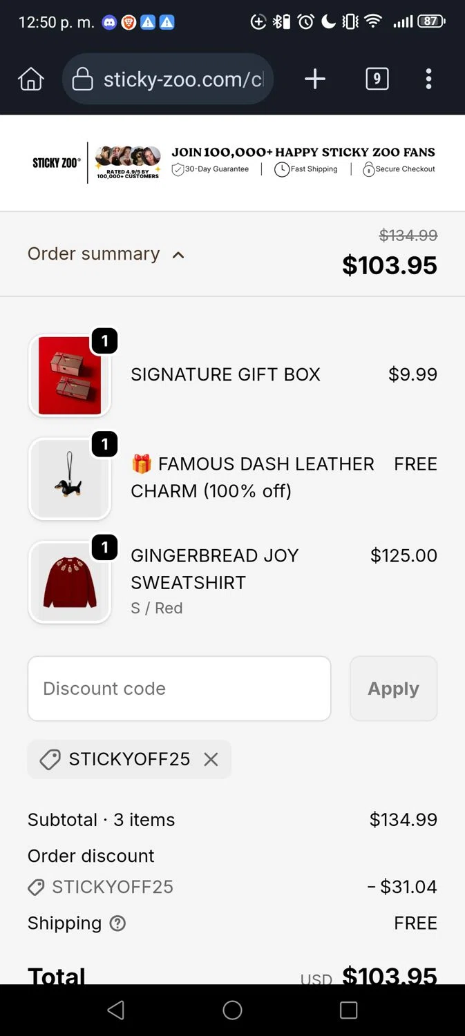 Sticky Zoo promo code screenshot showing code STICKYOFF25 applied at Sticky Zoo checkout page. Uploaded by SimplyCodes community member Vivachavez on Dec 15, 2025