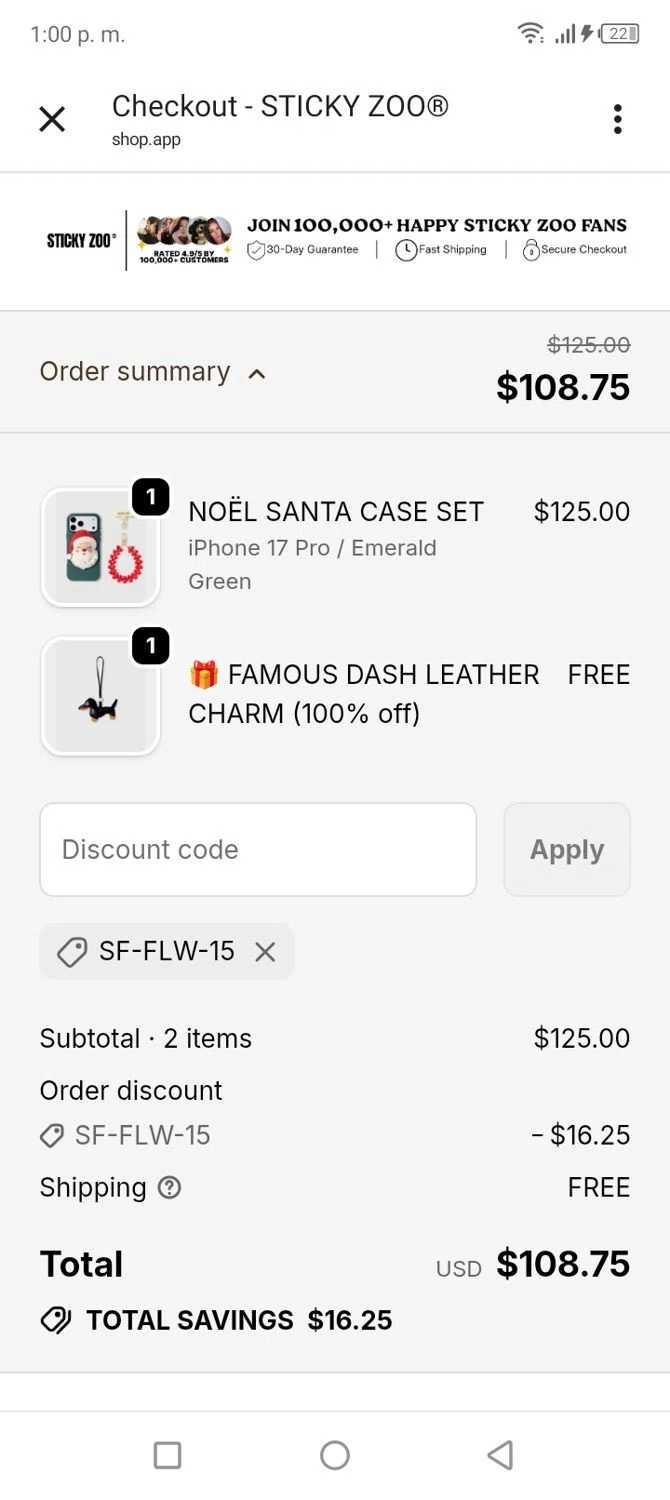 Sticky Zoo promo code screenshot showing code Sf-flw-15 applied at Sticky Zoo checkout page. Uploaded by SimplyCodes community member tumiedo on Dec 6, 2025