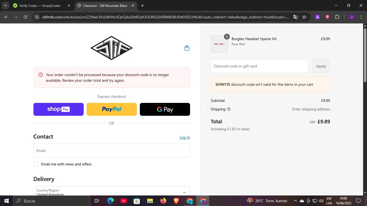 Stif Mountain Bikes promo code screenshot showing code SHINY15 applied at Stif Mountain Bikes checkout page. Uploaded by SimplyCodes community member DiscountLegend6670 on Jun 14, 2025