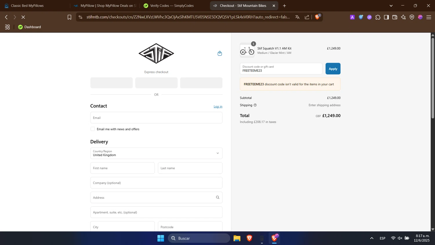 Stif Mountain Bikes promo code screenshot showing code FREETEEME23 applied at Stif Mountain Bikes checkout page. Uploaded by SimplyCodes community member WonderHawk4190 on Jun 12, 2025