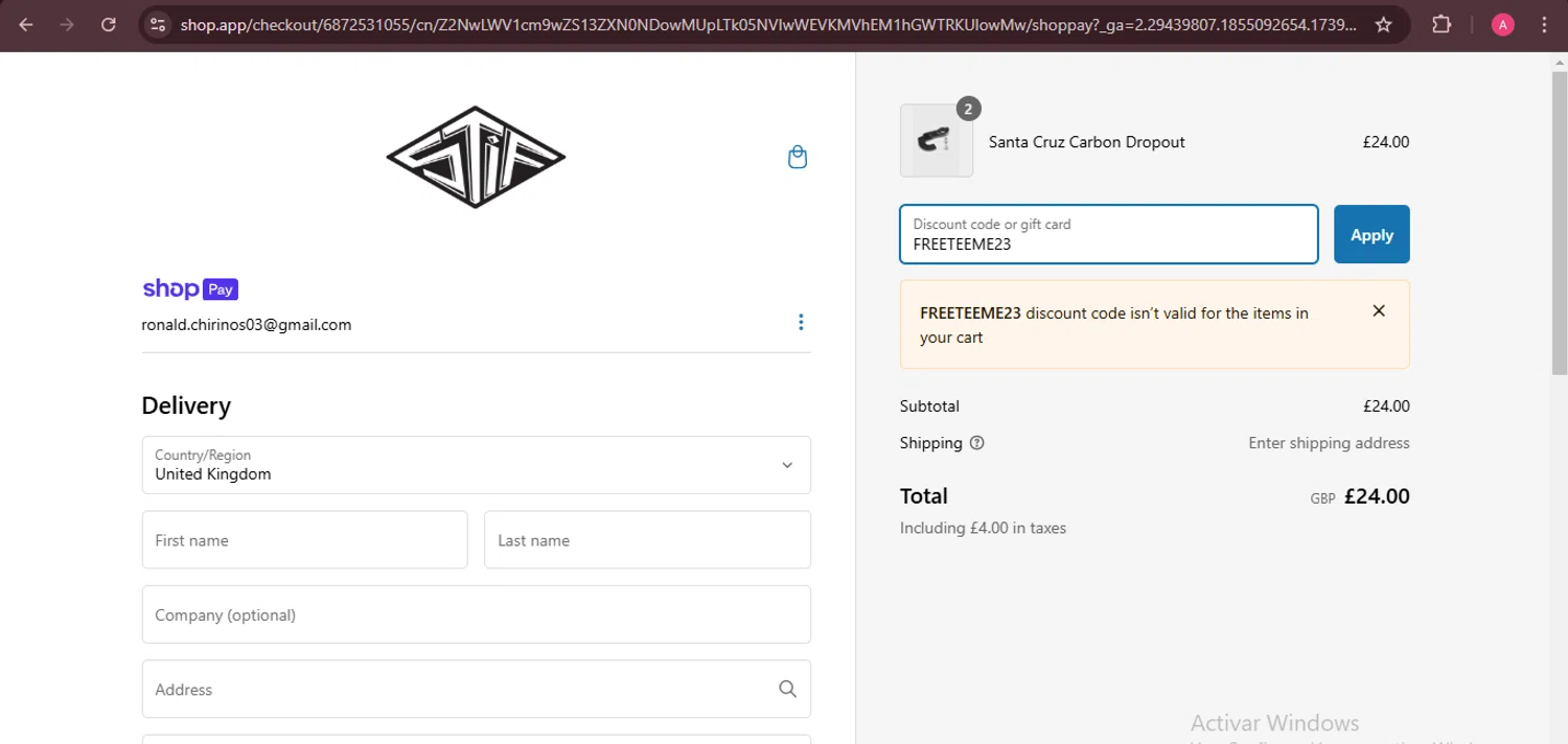 Stif Mountain Bikes promo code screenshot showing code FREETEEME23 applied at Stif Mountain Bikes checkout page. Uploaded by SimplyCodes community member BaelorTargaryen on Feb 9, 2025