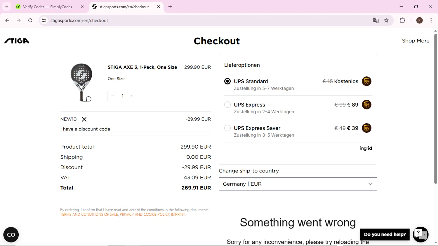 STIGA Sports discount code screenshot showing code NEW10 applied at STIGA Sports checkout page. Uploaded by SimplyCodes community member BargainShopper1802 on Apr 6, 2025