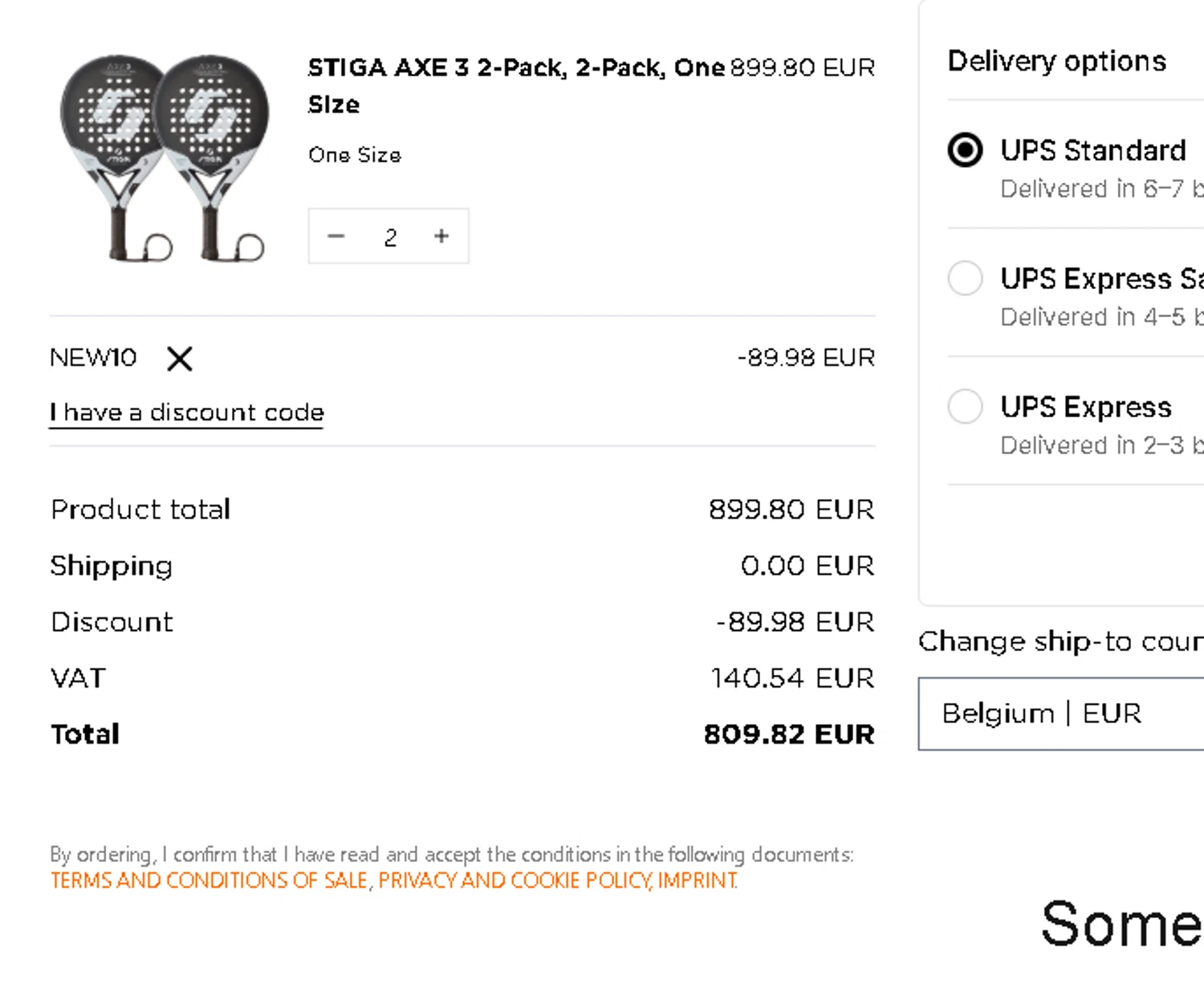 STIGA Sports discount code screenshot showing code NEW10 applied at STIGA Sports checkout page. Uploaded by SimplyCodes community member rawrrawr on Apr 6, 2025