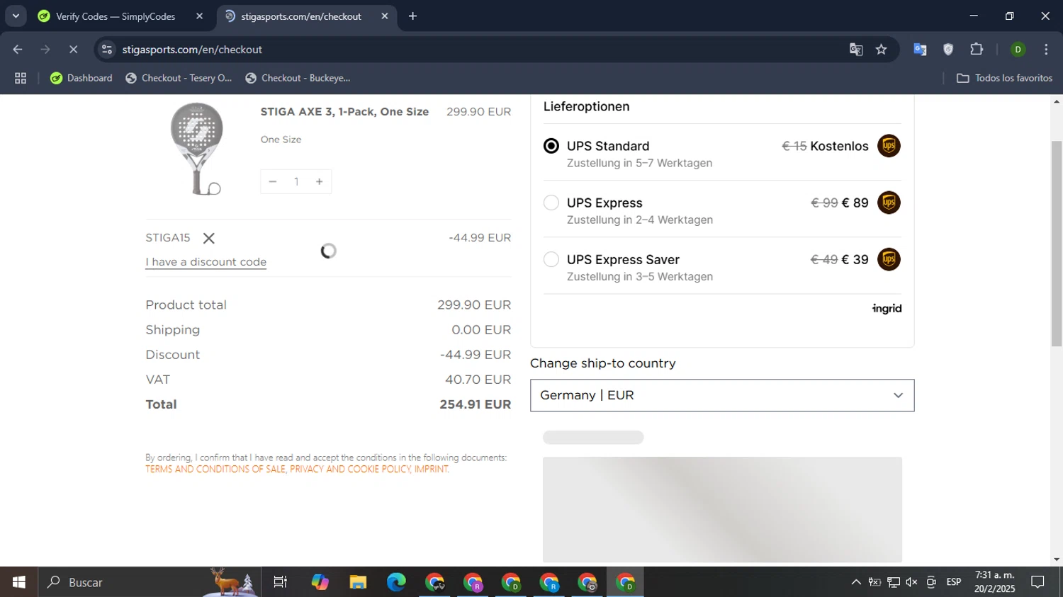 STIGA Sports discount code screenshot showing code STIGA15 applied at STIGA Sports checkout page. Uploaded by SimplyCodes community member BadMyke on Feb 20, 2025