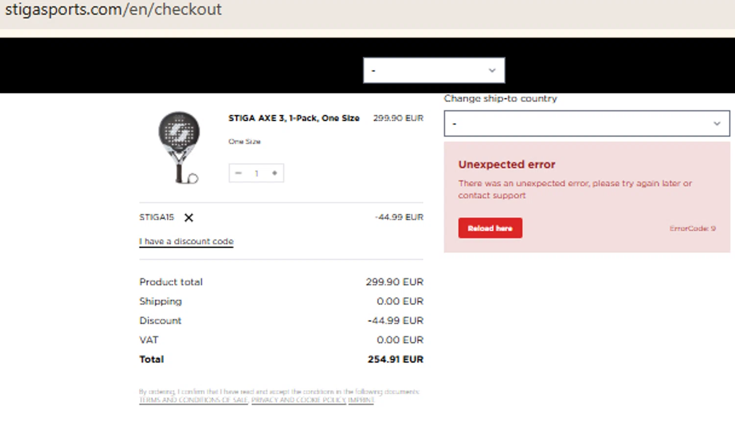 STIGA Sports discount code screenshot showing code STIGA15 applied at STIGA Sports checkout page. Uploaded by SimplyCodes community member RewardFinder4836 on May 30, 2025