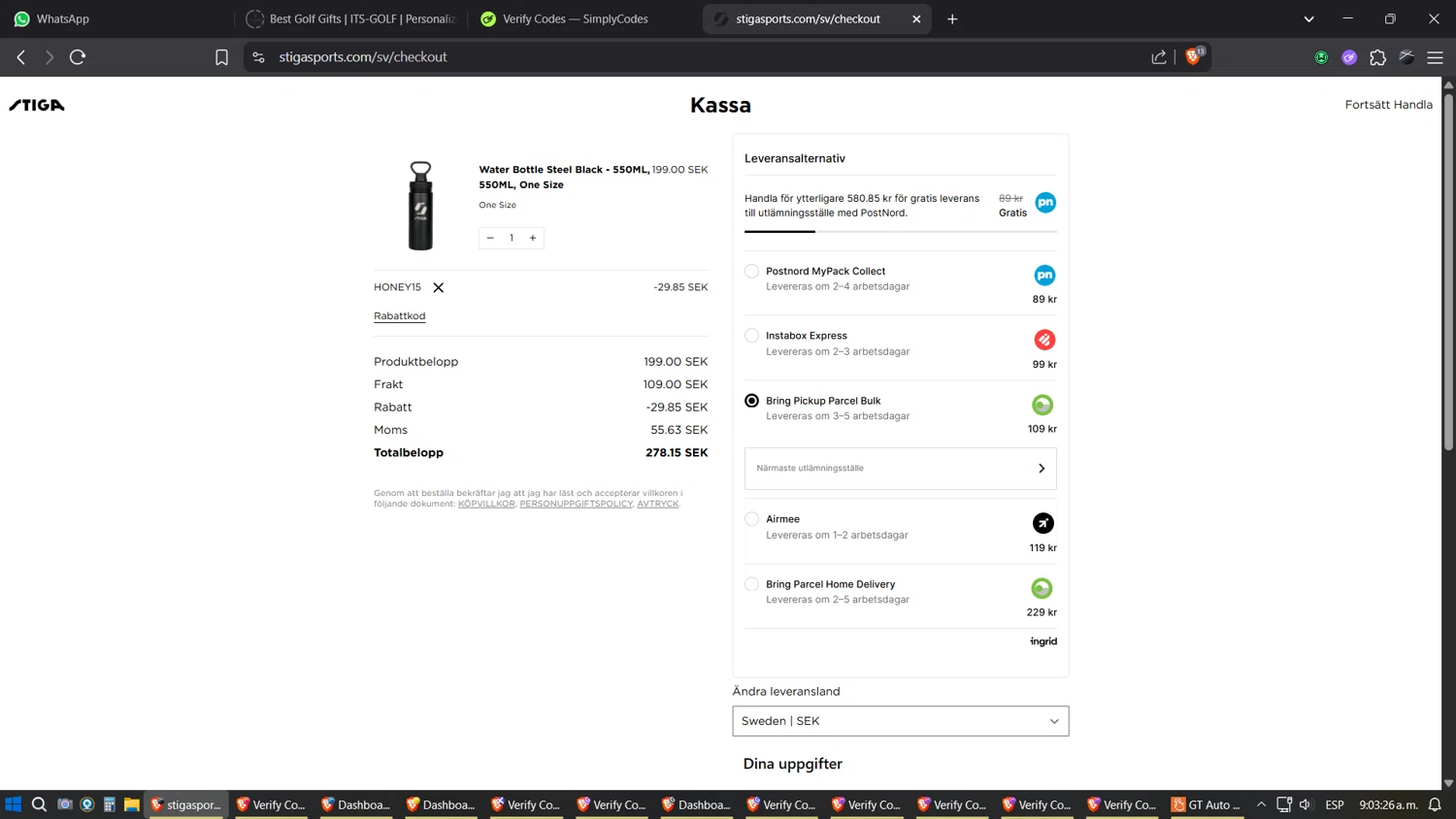 STIGA Sports discount code screenshot showing code HONEY15 applied at STIGA Sports checkout page. Uploaded by SimplyCodes community member SimplyGOAT on Jun 19, 2025
