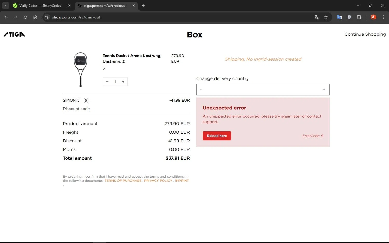 STIGA Sports discount code screenshot showing code SIMON15 applied at STIGA Sports checkout page. Uploaded by SimplyCodes community member VoucherShopper1452 on Mar 21, 2025
